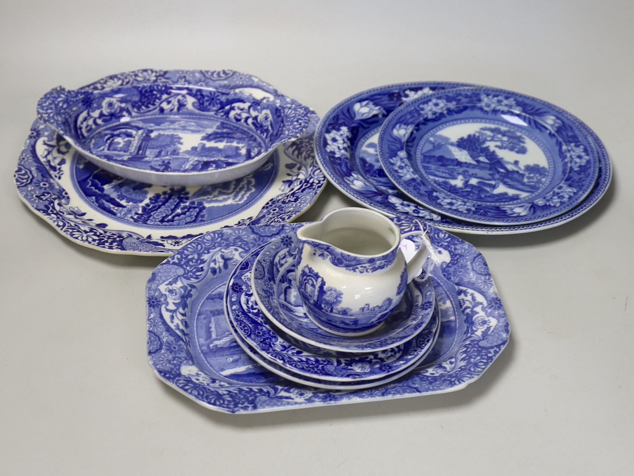 A small collection of Spode 'Italian' blue stamp (one black stamp) and two plates of Wedgwood 'Fallow Deer'